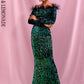 LOVE &amp; LEMONADE Sexy Green  Collar Long Sleeve Feather Decoration Elastic Velvet Sequin Bodycon Party Maxi Dress LM82331