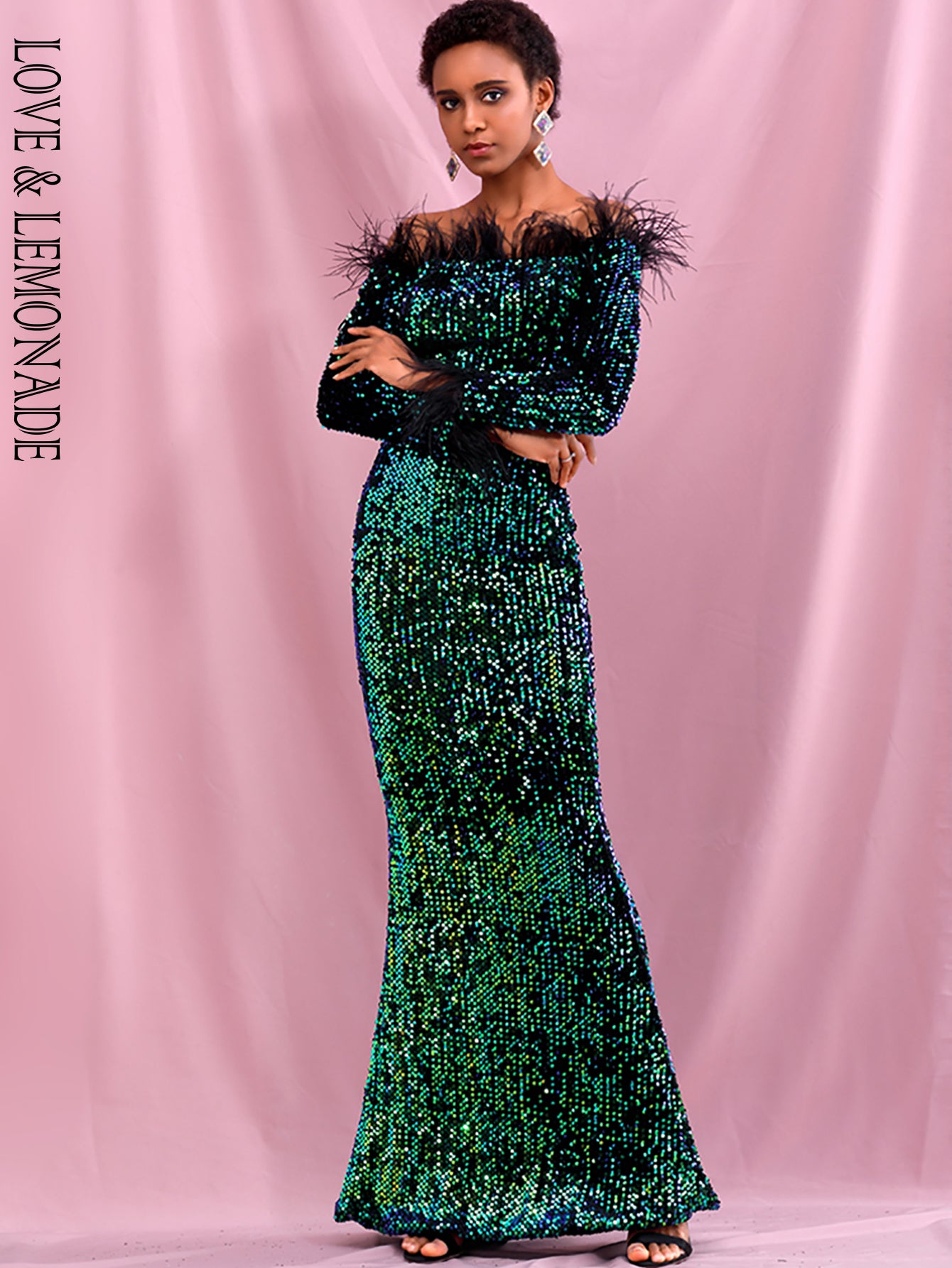 LOVE &amp; LEMONADE Sexy Green  Collar Long Sleeve Feather Decoration Elastic Velvet Sequin Bodycon Party Maxi Dress LM82331