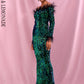 LOVE &amp; LEMONADE Sexy Green  Collar Long Sleeve Feather Decoration Elastic Velvet Sequin Bodycon Party Maxi Dress LM82331