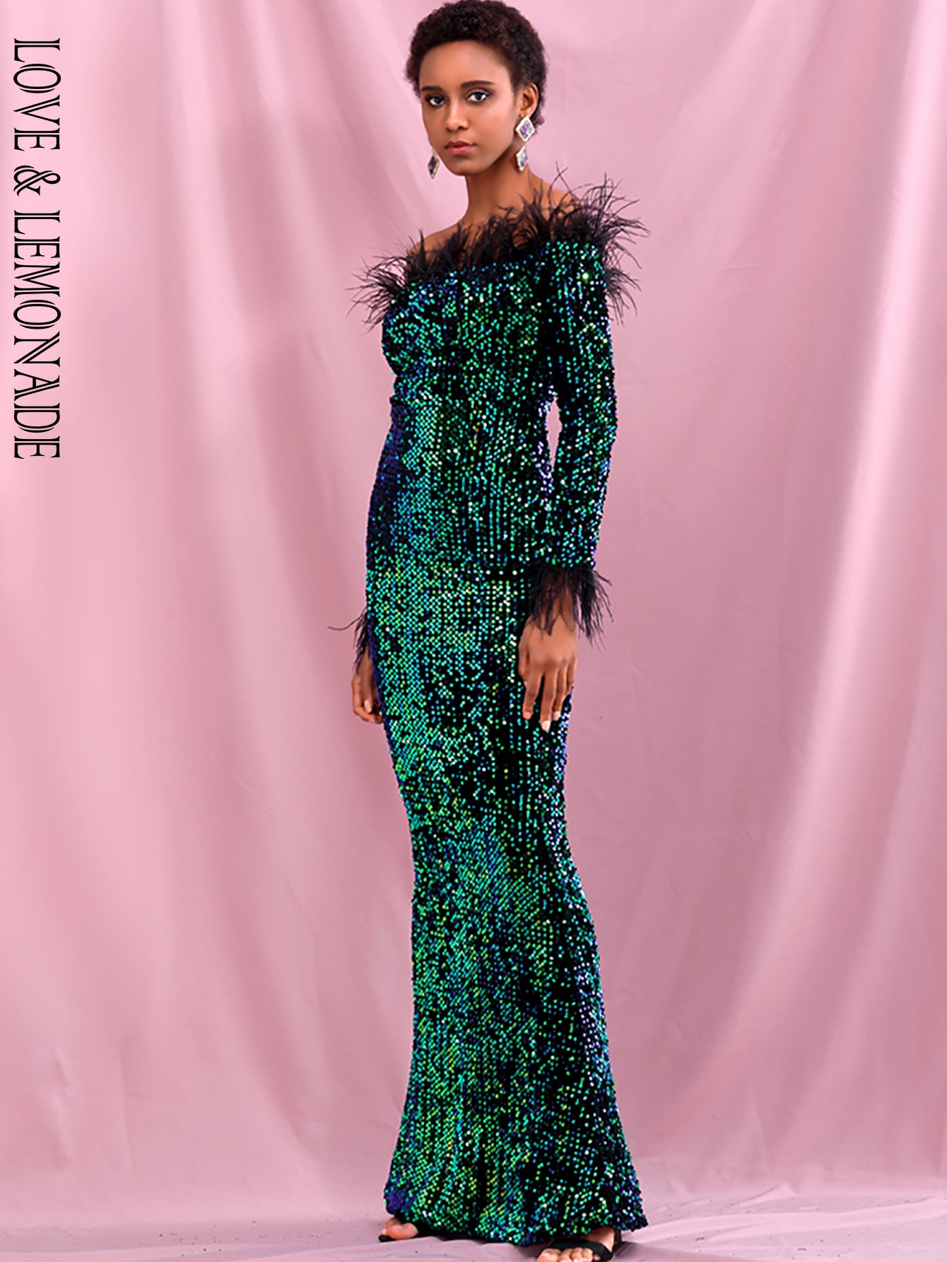 LOVE &amp; LEMONADE Sexy Green  Collar Long Sleeve Feather Decoration Elastic Velvet Sequin Bodycon Party Maxi Dress LM82331