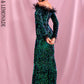 LOVE &amp; LEMONADE Sexy Green  Collar Long Sleeve Feather Decoration Elastic Velvet Sequin Bodycon Party Maxi Dress LM82331