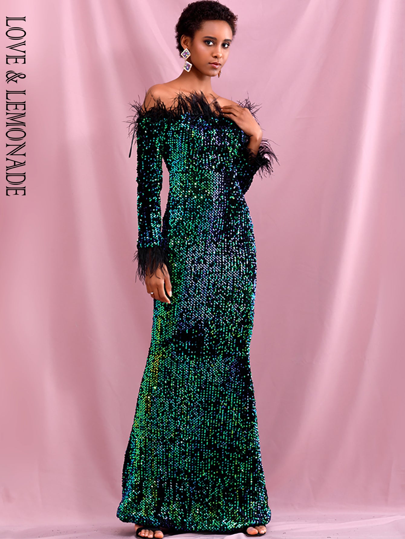 LOVE &amp; LEMONADE Sexy Green  Collar Long Sleeve Feather Decoration Elastic Velvet Sequin Bodycon Party Maxi Dress LM82331