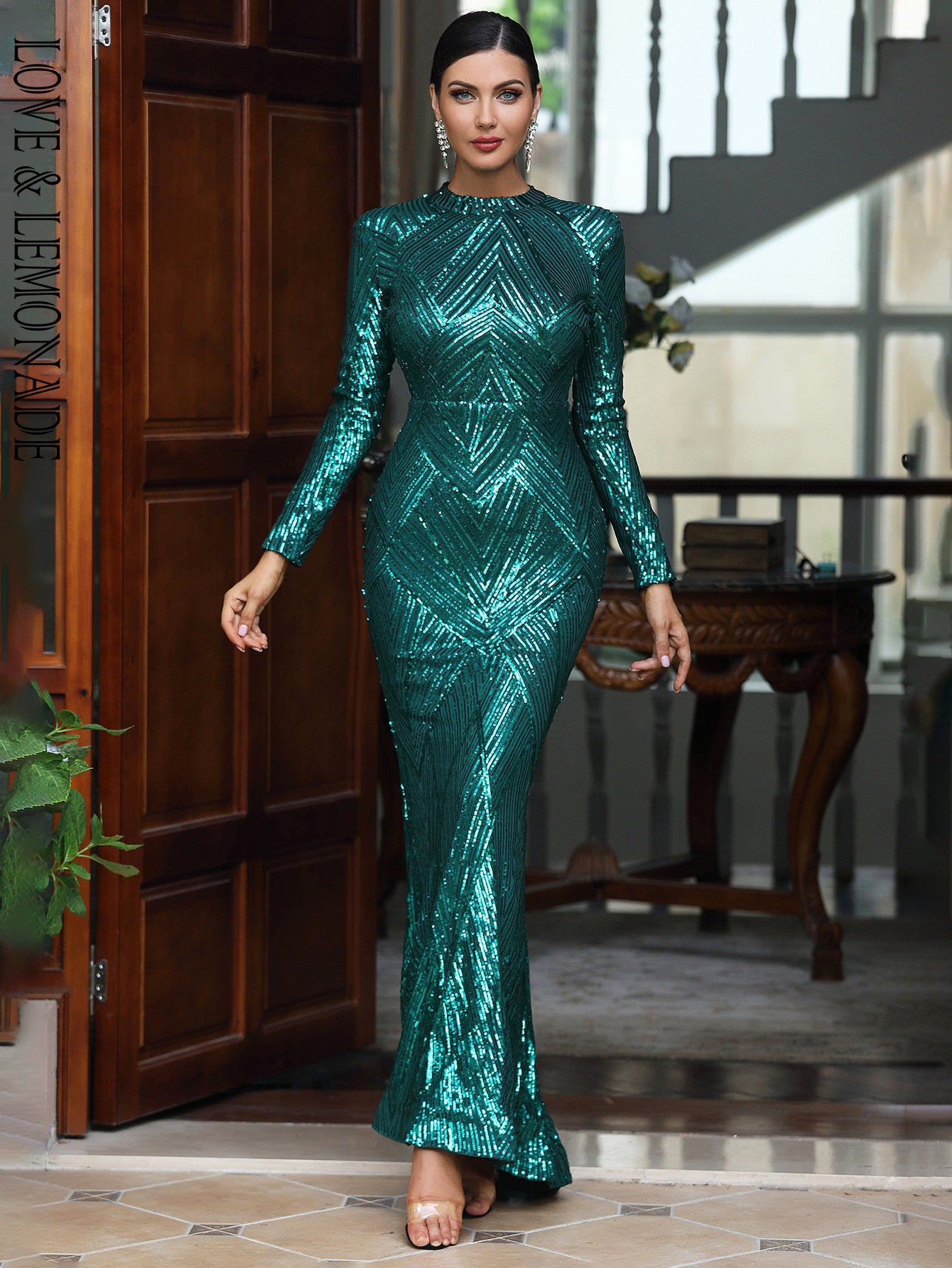 LOVE&amp;LEMONADE Sexy Green Crew Neck Sequined Long Sleeve Tunic Fishtail Party Maxi Dress LM84119