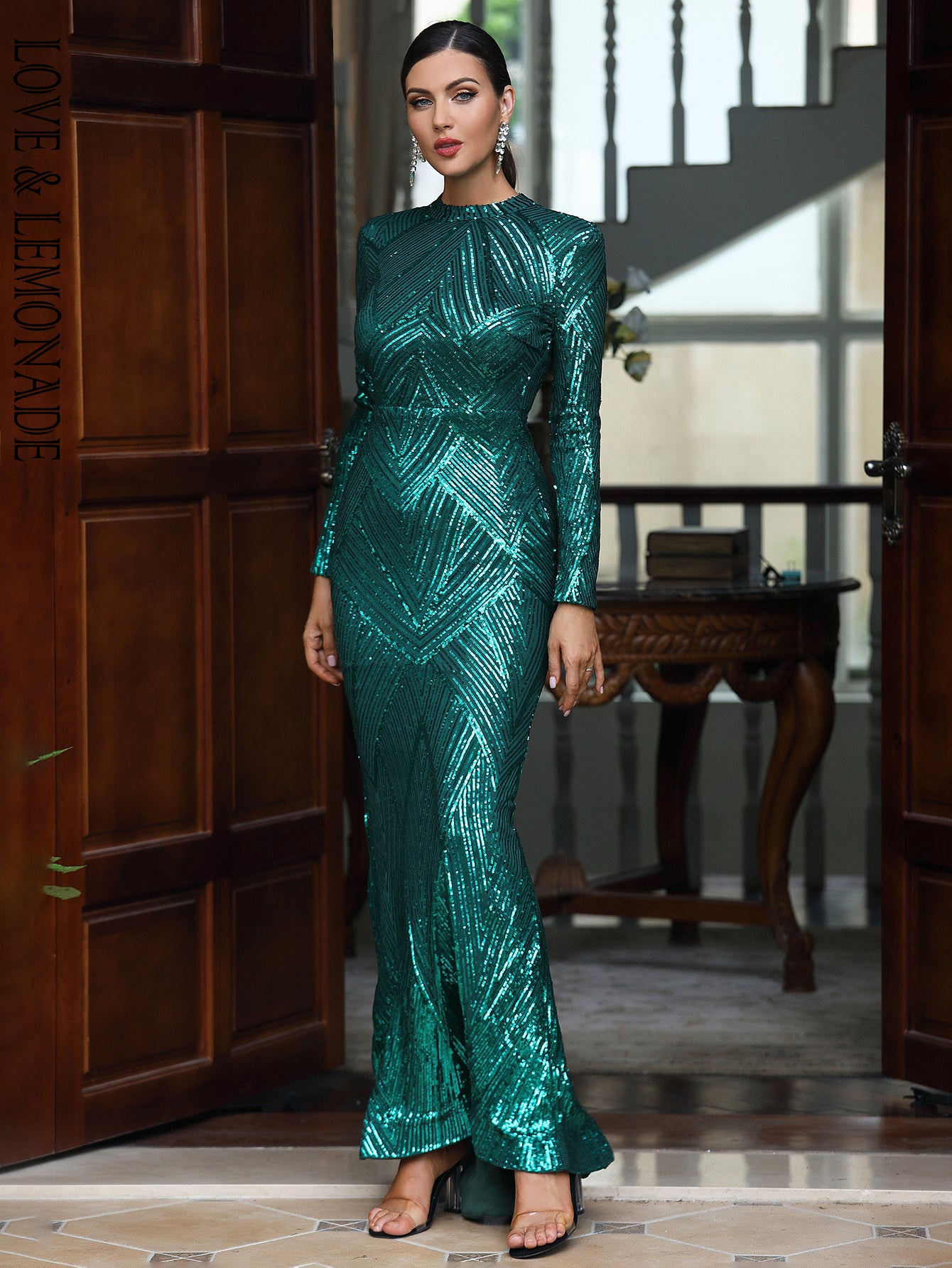 LOVE&amp;LEMONADE Sexy Green Crew Neck Sequined Long Sleeve Tunic Fishtail Party Maxi Dress LM84119