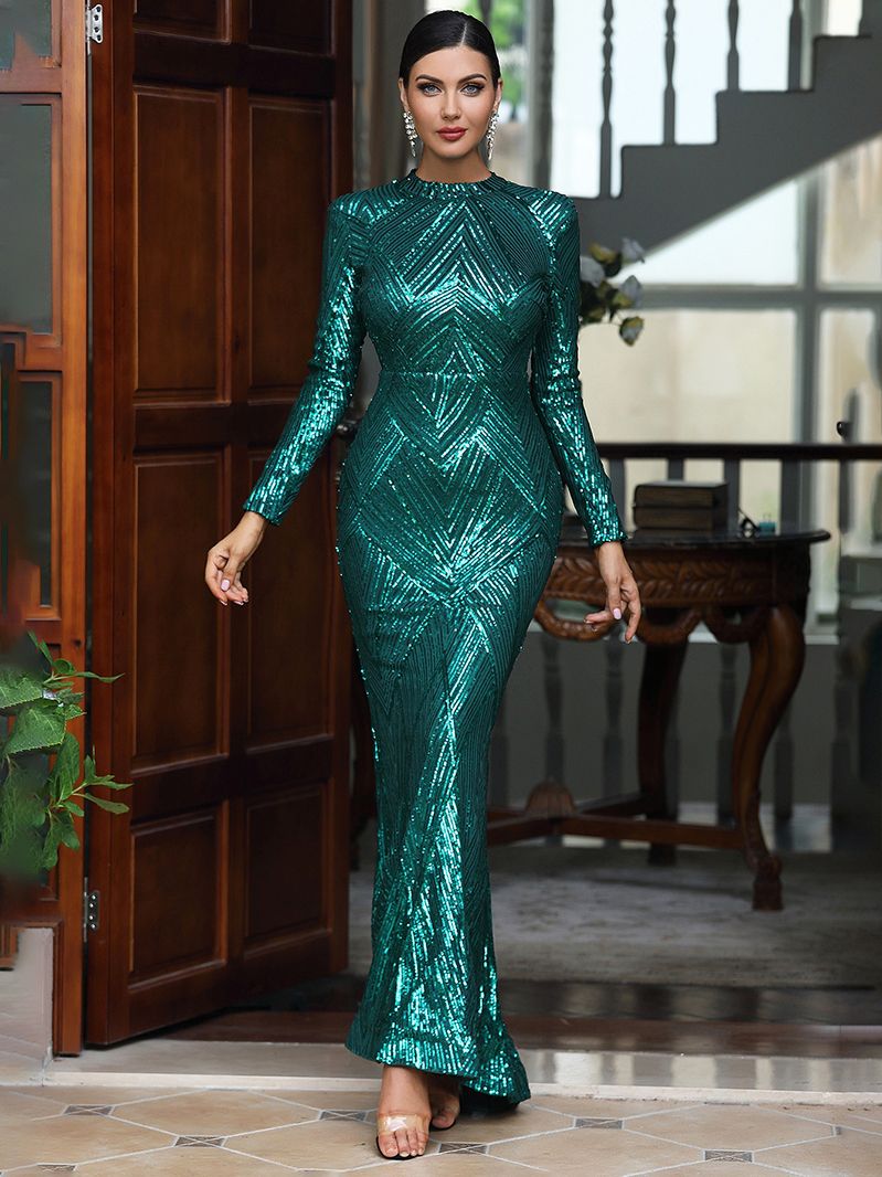 LOVE&amp;LEMONADE Sexy Green Crew Neck Sequined Long Sleeve Tunic Fishtail Party Maxi Dress LM84119