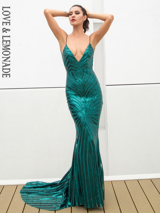 LOVE&amp;LEMONADE Sexy Green Deep V Neck Open Back Geometry Sequins Long Dress  LM81225