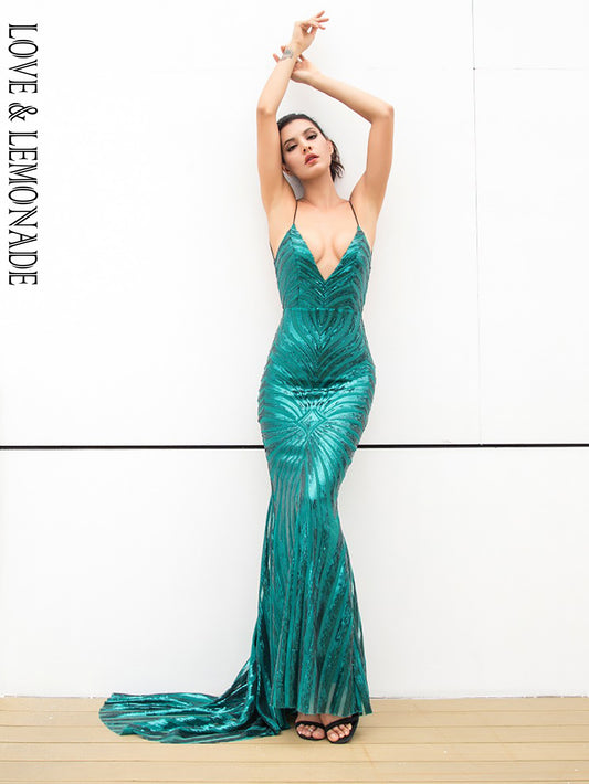 LOVE&amp;LEMONADE Sexy Green Deep V Neck Open Back Geometry Sequins Long Dress  LM81225