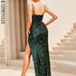 LOVE&amp;LEMONADE Sexy Green Deep V Neck Sequin Tunic A-Line Sleeveless Open Back Party Maxi Dress  LM84425