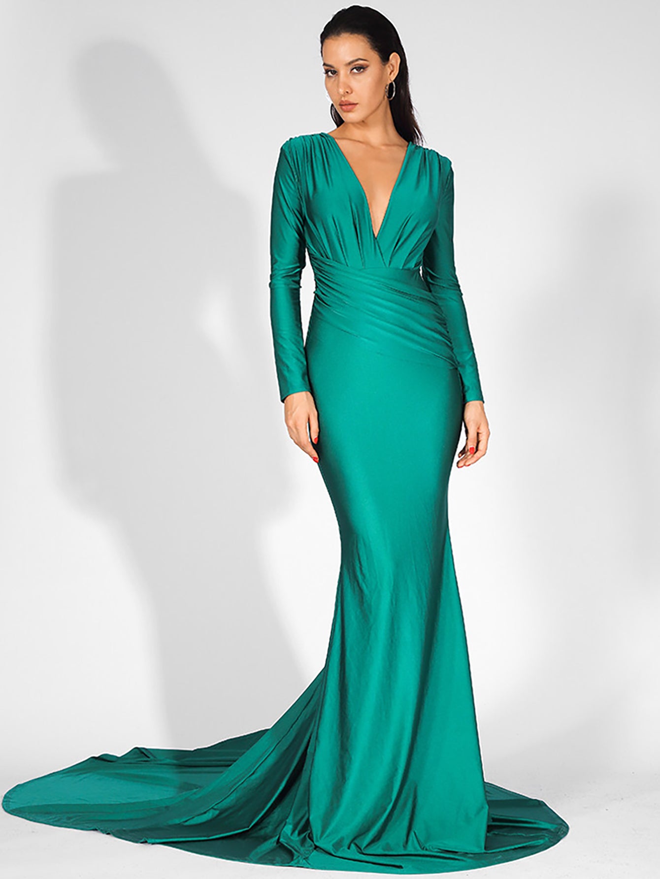 LOVE&amp;LEMONADE  Sexy Green Deep V-Neck Slim Fit Elastic Fabric Trai Maxi Dress LM81535