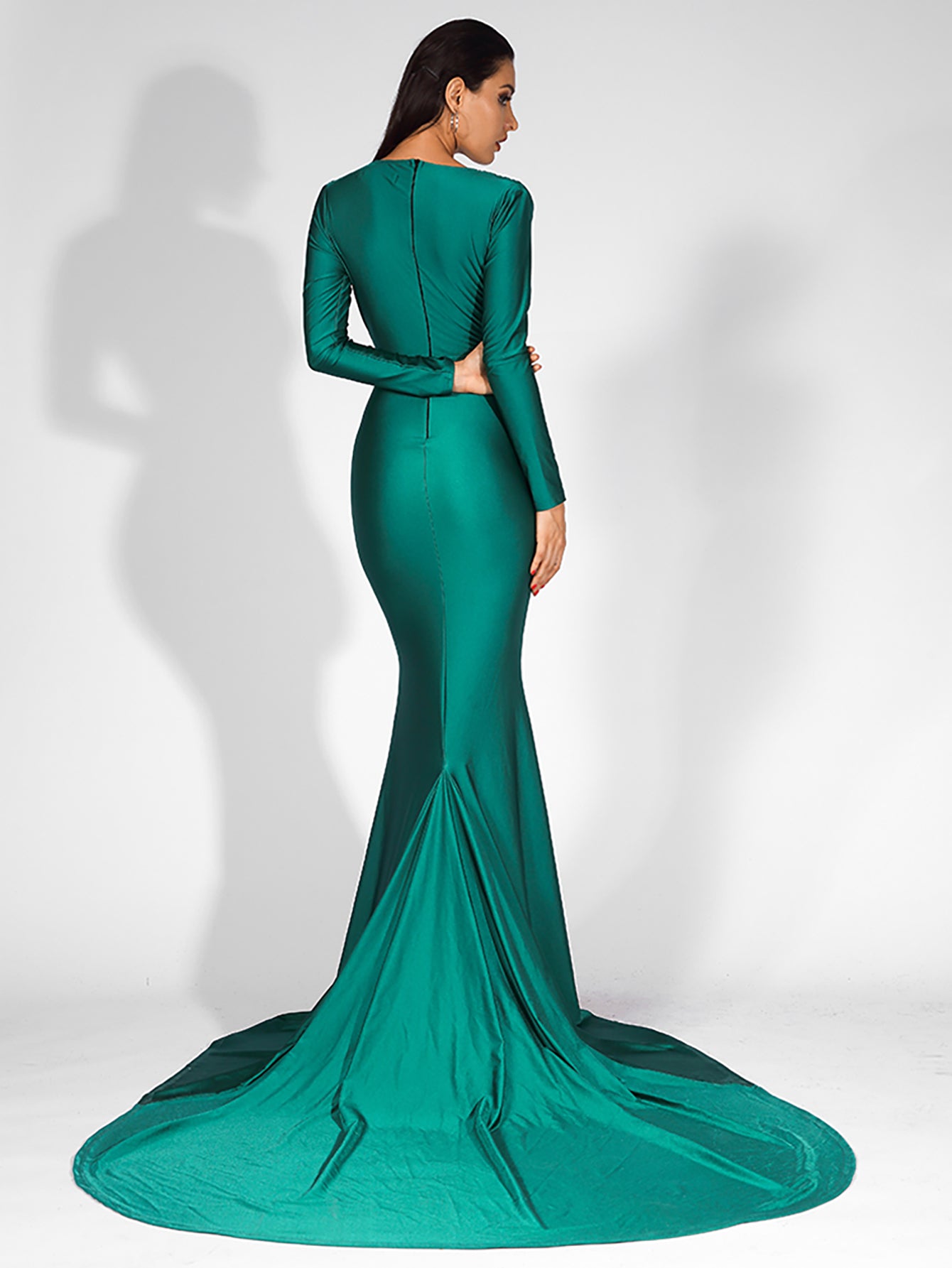 LOVE&amp;LEMONADE  Sexy Green Deep V-Neck Slim Fit Elastic Fabric Trai Maxi Dress LM81535