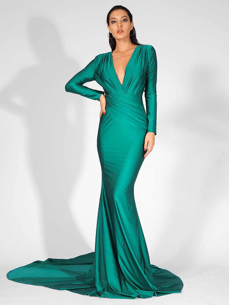 LOVE&amp;LEMONADE  Sexy Green Deep V-Neck Slim Fit Elastic Fabric Trai Maxi Dress LM81535