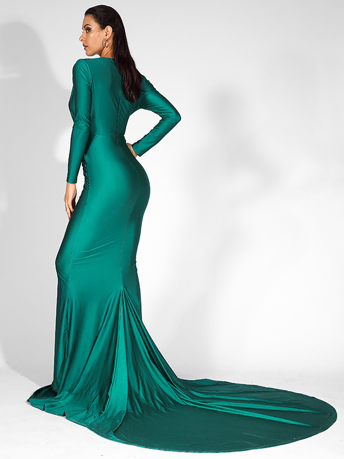 LOVE&amp;LEMONADE  Sexy Green Deep V-Neck Slim Fit Elastic Fabric Trai Maxi Dress LM81535