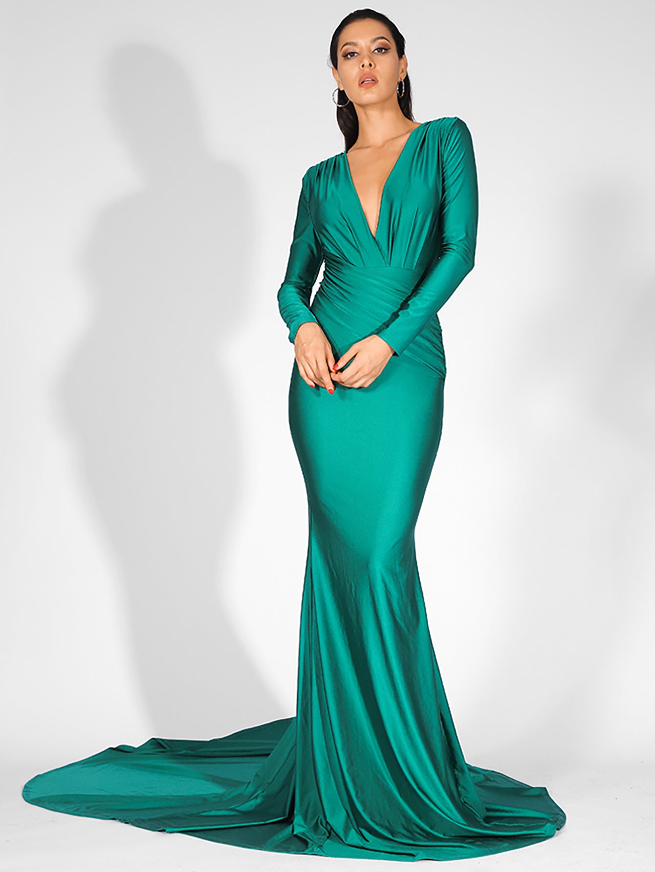 LOVE&amp;LEMONADE  Sexy Green Deep V-Neck Slim Fit Elastic Fabric Trai Maxi Dress LM81535