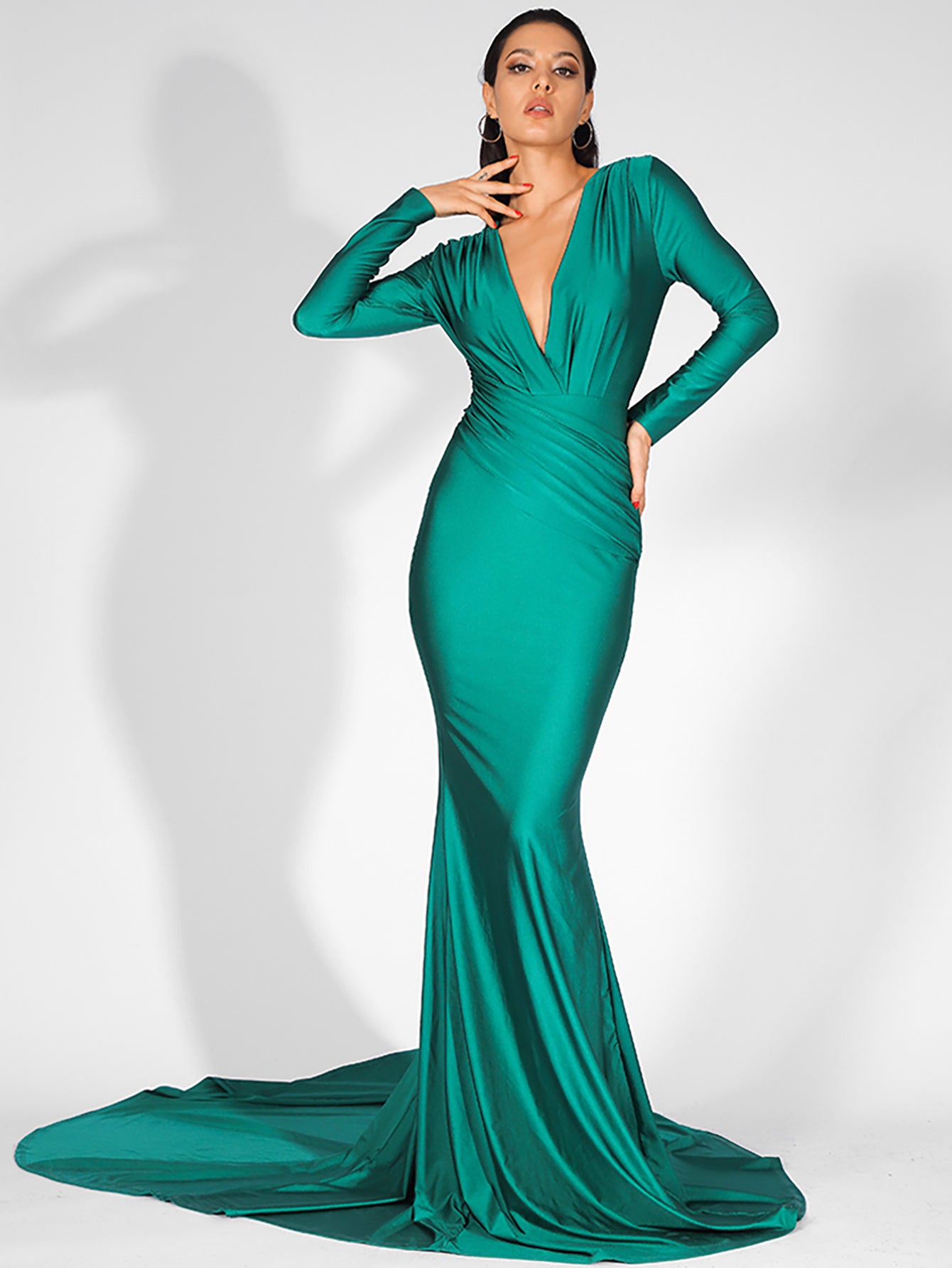 LOVE&amp;LEMONADE  Sexy Green Deep V-Neck Slim Fit Elastic Fabric Trai Maxi Dress LM81535