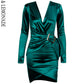 LOVE&amp;LEMONADE Sexy Green Deep V-neck Gold Jewelry Elastic Reflective Material Bodycon Party Mini Dress LM81989