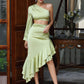 LOVE&amp;LEMONADE Sexy Green Diagonal Collar Single Long Sleeve Hollow Ruffle Mid Skirt Party Two Piece Set LM82998B-T/S