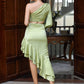 LOVE&amp;LEMONADE Sexy Green Diagonal Collar Single Long Sleeve Hollow Ruffle Mid Skirt Party Two Piece Set LM82998B-T/S