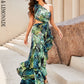 LOVE&amp;LEMONADE Sexy Green Off-The-Shoulder Cut-Out Slit Stitching Ruffled Floor Mopping Party Maxi Dress LM82202-1B