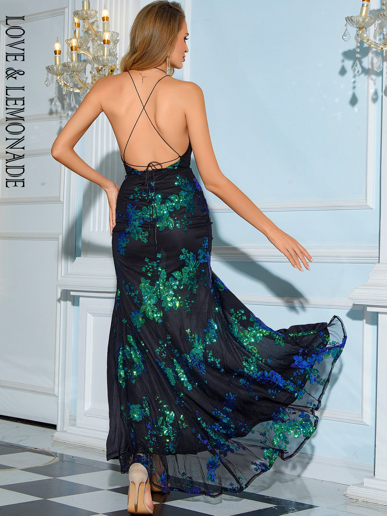 LOVE&amp;LEMONADE  Sexy Green Strap Deep V Neck Sequin Split A-Line Party Maxi Dress LM98152 GREEN