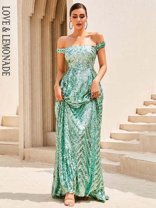 LOVE&amp;LEMONADE Sexy Green Strapless Sleeveless Sequins Waist Geometric Pattern Mop Party Extra Long Dress LM84436