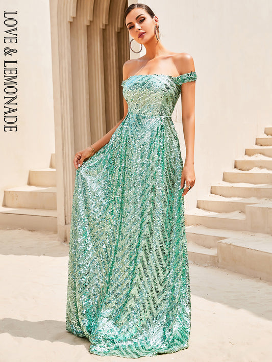 LOVE&amp;LEMONADE Sexy Green Strapless Sleeveless Sequins Waist Geometric Pattern Mop Party Extra Long Dress LM84436