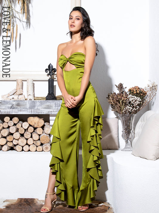 LOVE&amp;LEMONADE Sexy Green Tube Top Cut Out Side Slit Ruffled Jumpsuit LM81772