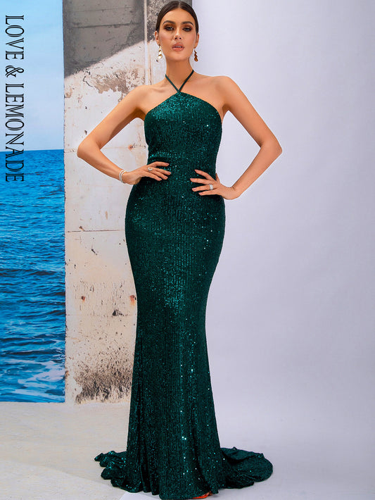 LOVE&amp;LEMONADE Sexy Green Tube Top Halter Sleeveless Tunic Sequined Fishtail Floor Mopping Party Maxi Dress LM84351