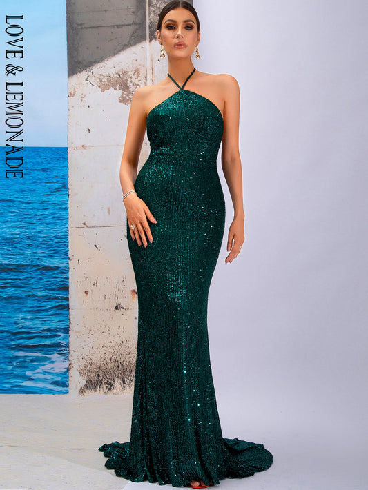 LOVE&amp;LEMONADE Sexy Green Tube Top Halter Sleeveless Tunic Sequined Fishtail Floor Mopping Party Maxi Dress LM84351