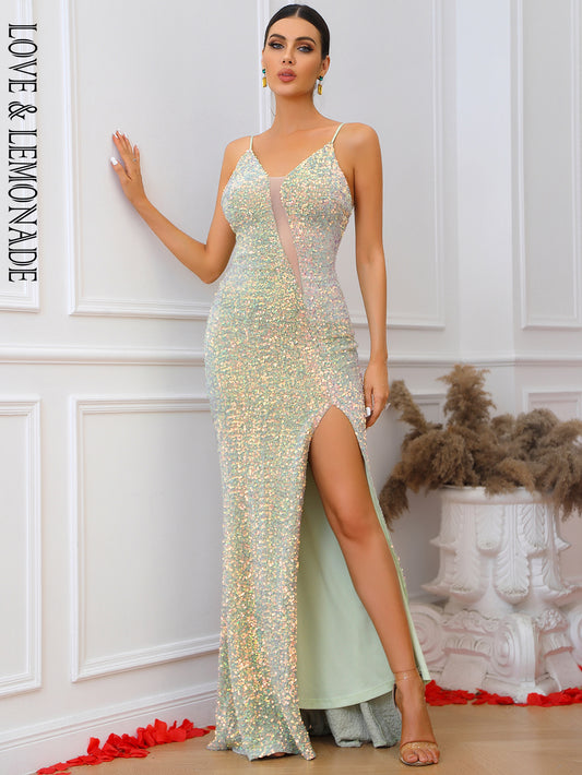 LOVE&amp;LEMONADE Sexy Green Tube Top Sling Mesh Cutout Slit Floor Mopping Stretch Sequin Party Maxi Dress LM84199