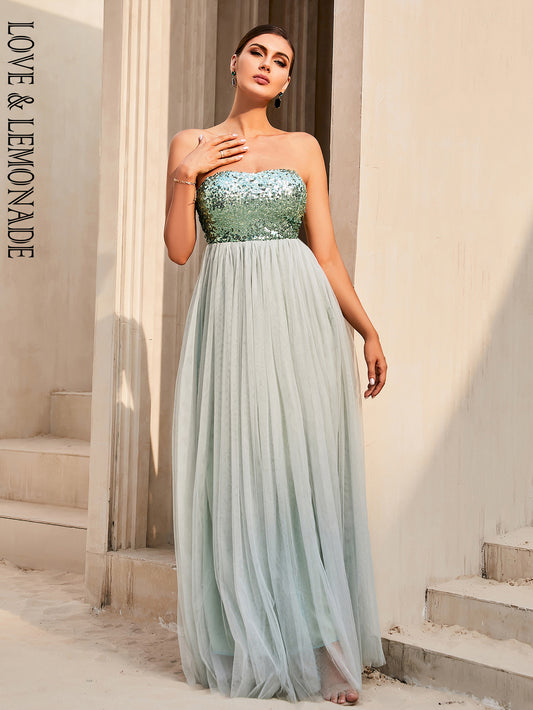 LOVE&amp;LEMONADE Sexy Green Wrap Chest Sleeveless Sequin Lace-Up Robe Mesh Sheer Party Dress  LM84399