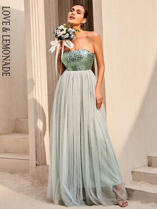 LOVE&amp;LEMONADE Sexy Green Wrap Chest Sleeveless Sequin Lace-Up Robe Mesh Sheer Party Dress  LM84399