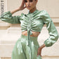 LOVE &amp; LEMONADE Sexy Light Green Round Neck Middle Drawstring Lantern Sleeve Top Spring LM82199-TOP