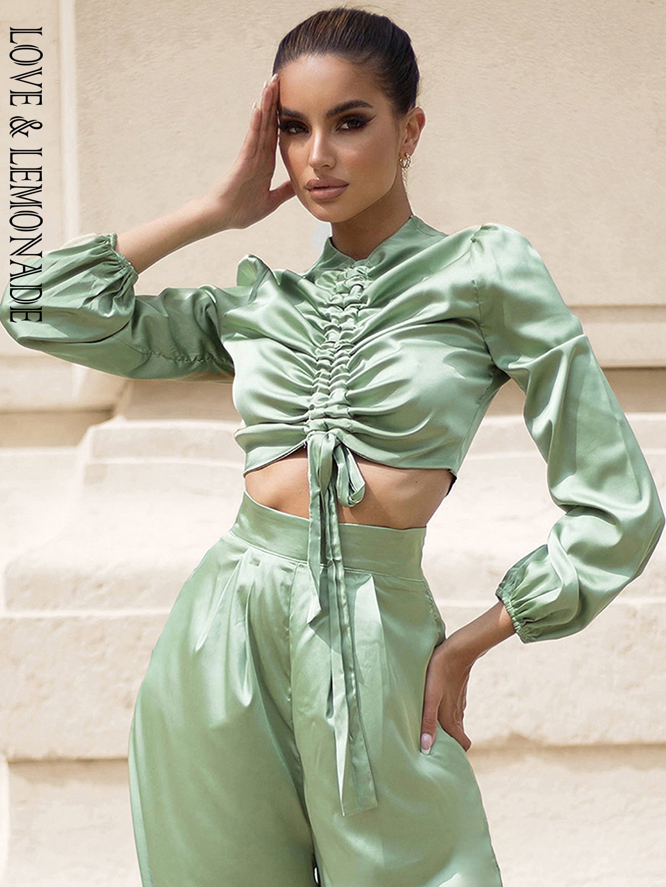 LOVE &amp; LEMONADE Sexy Light Green Round Neck Middle Drawstring Lantern Sleeve Top Spring LM82199-TOP