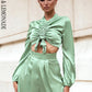 LOVE &amp; LEMONADE Sexy Light Green Round Neck Middle Drawstring Lantern Sleeve Top Spring LM82199-TOP