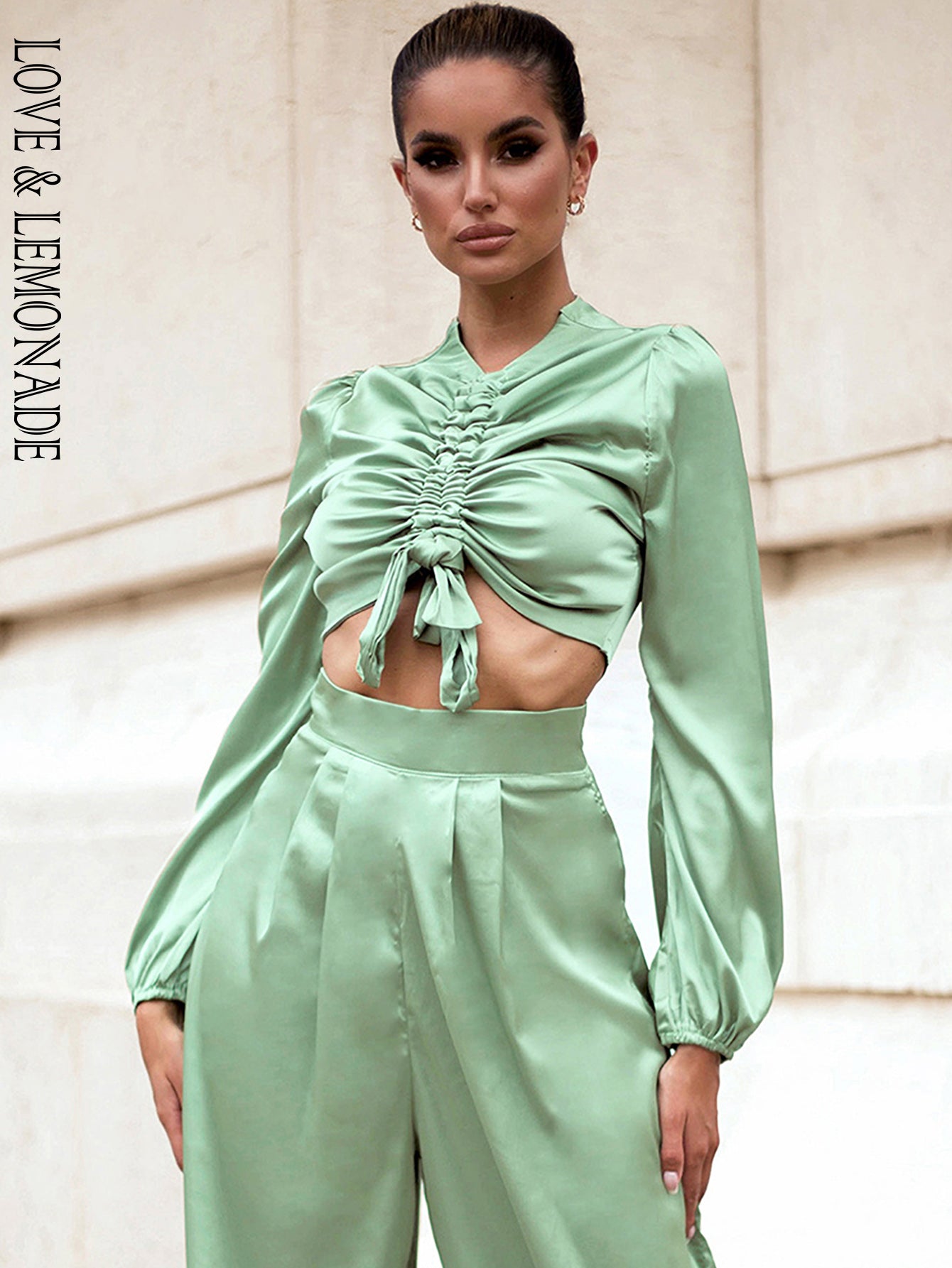 LOVE &amp; LEMONADE Sexy Light Green Round Neck Middle Drawstring Lantern Sleeve Top Spring LM82199-TOP