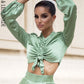 LOVE &amp; LEMONADE Sexy Light Green Round Neck Middle Drawstring Lantern Sleeve Top Spring LM82199-TOP