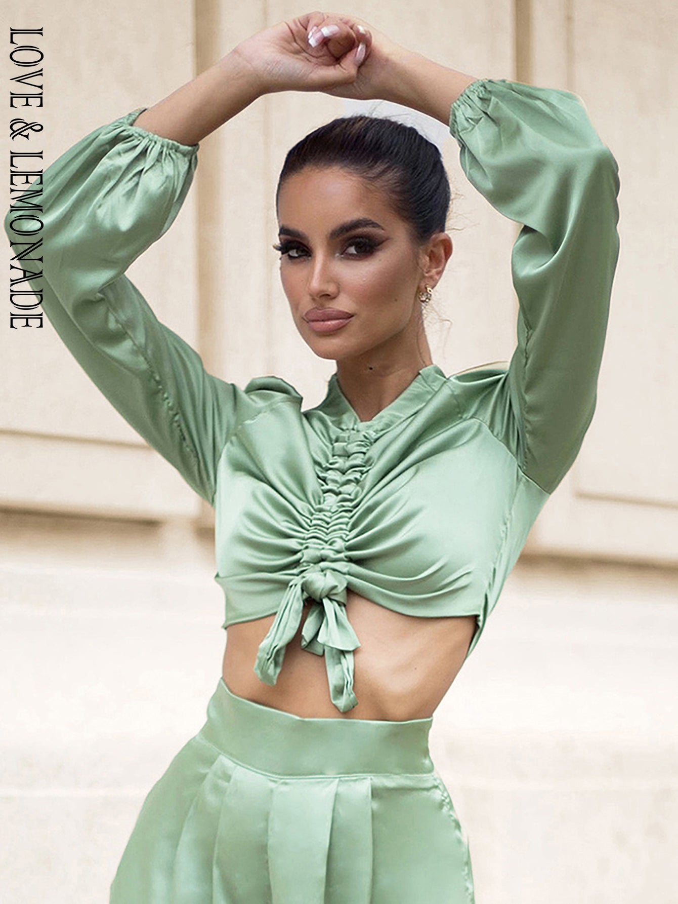 LOVE &amp; LEMONADE Sexy Light Green Round Neck Middle Drawstring Lantern Sleeve Top Spring LM82199-TOP