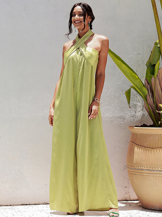 LOVE&amp;LEMONADE Sexy Light Green Tube Top Changeable Long Belt A-Line Loose Satin Summer Jumpsuit LM83449-A