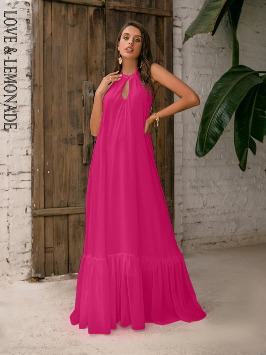 LOVE&amp;LEMONADE Sexy Light Rose Red Halter Cut-Out A-Line Annoying Backless Beach Maxi Dress LM83203-A