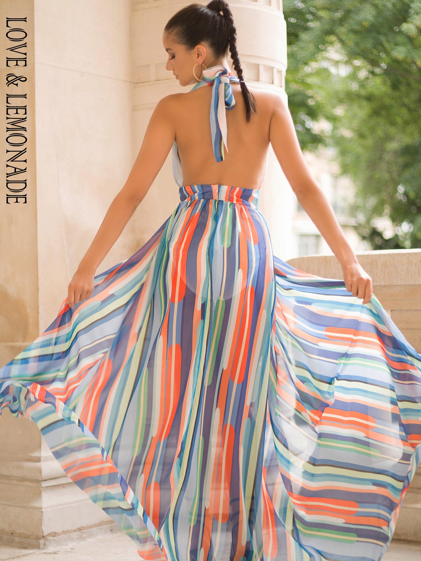 LOVE&amp;LEMONADE Sexy Multicolor Striped V-Neck Strap Corset Slit Beach Maxi Dress LM83308