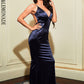 LOVE&amp;LEMONADE Sexy Navy Deep V-Neck Open Back Bodycon Elastic Reflective Knit Mopping Party Maxi Dress LM81222