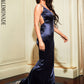 LOVE&amp;LEMONADE Sexy Navy Deep V-Neck Open Back Bodycon Elastic Reflective Knit Mopping Party Maxi Dress LM81222