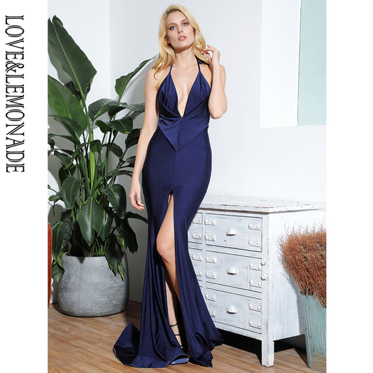 LOVE&amp;LEMONADE Sexy Navy Deep V-Neck Open Open Back Bodycon Party Elastic Fabric Maxi DressLM81702