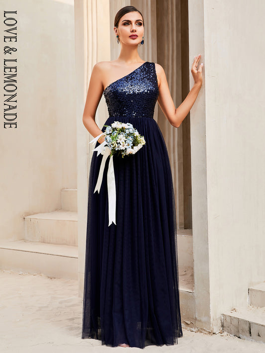 LOVE&amp;LEMONADE Sexy Navy One-Shoulder Sleeveless Tie-Neck Tunic Sequined Mesh Sheer Party Dress LM84397