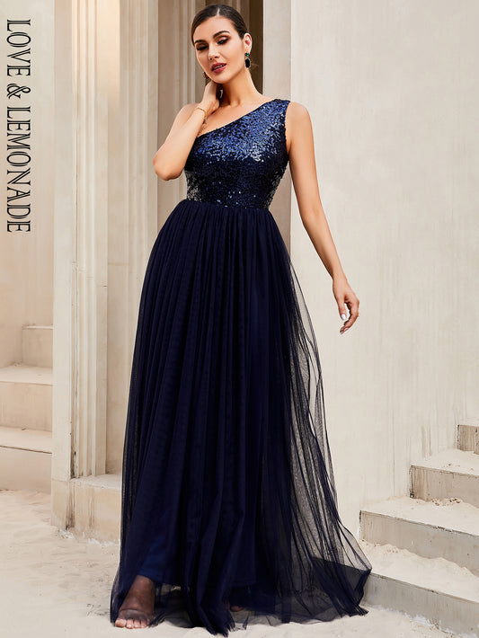 LOVE&amp;LEMONADE Sexy Navy One-Shoulder Sleeveless Tie-Neck Tunic Sequined Mesh Sheer Party Dress LM84397