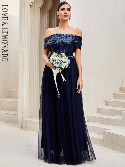 LOVE&amp;LEMONADE Sexy Navy Sleeve Neck Wrap Shoulder Sleeveless Lace-Up Robe Sequin Mesh Sheer Party Dress  LM84398