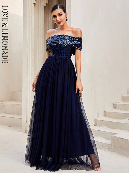 LOVE&amp;LEMONADE Sexy Navy Sleeve Neck Wrap Shoulder Sleeveless Lace-Up Robe Sequin Mesh Sheer Party Dress  LM84398