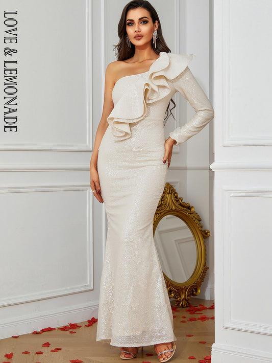 LOVE&amp;LEMONADE Sexy Nude Off Shoulder Ruffle Slant Neck Sequin Skinny Party Long Dress LM83872-NUDE