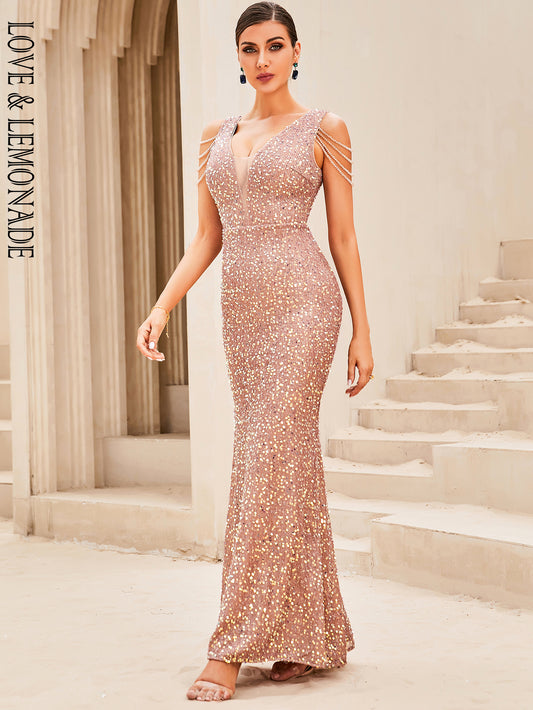 LOVE&amp;LEMONADE Sexy Nude Sequins Deep V-Neck Sleeveless Waist Fishtail Style Party Super Long Dress LM84432