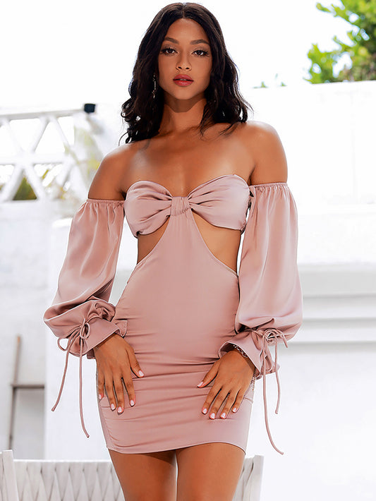 LOVE&amp;LEMONADE Sexy Nude Tube Top Lantern Long Sleeve Waist Cut Out Slim Satin Mini Dress AD02901